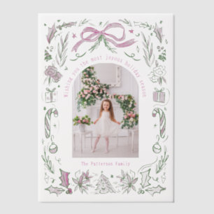 Coquette Christmas Family Photo Pink Green Doodle Vellum Invitations