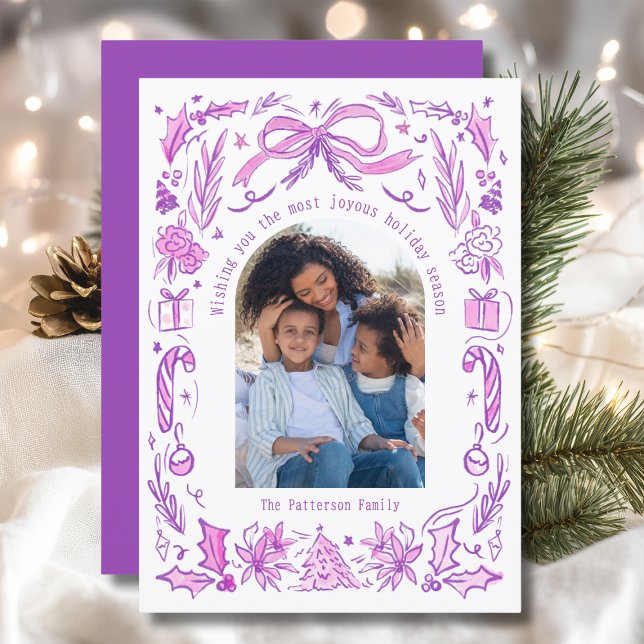 Coquette Christmas Family Photo Purple Pink Doodle Holiday Card (Creator Uploaded)