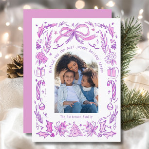 Coquette Christmas Family Photo Purple Pink Doodle Holiday Card