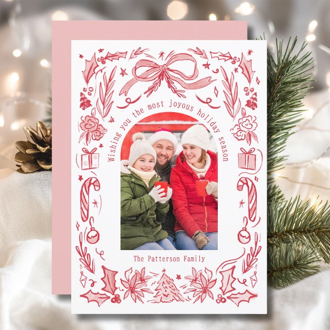 Coquette Christmas Family Photo Red Doodle Holiday Card (Creator Uploaded)