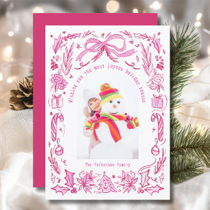 Coquette Christmas Family Photo Red Pink Doodle Holiday Card