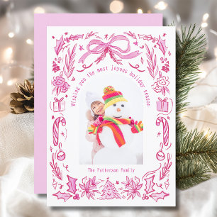 Coquette Christmas Family Photo Red Pink Doodle Holiday Card