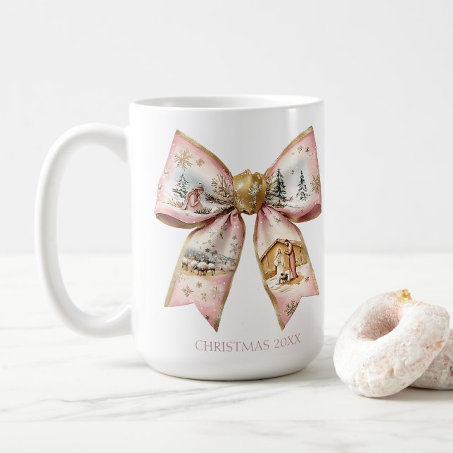 Coquette Christmas Nativity Bow  Coffee Mug (With Donut)