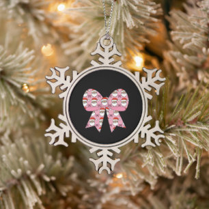 Coquette Christmas Pink Bow Santa Vintage Retro Snowflake Pewter Christmas Ornament