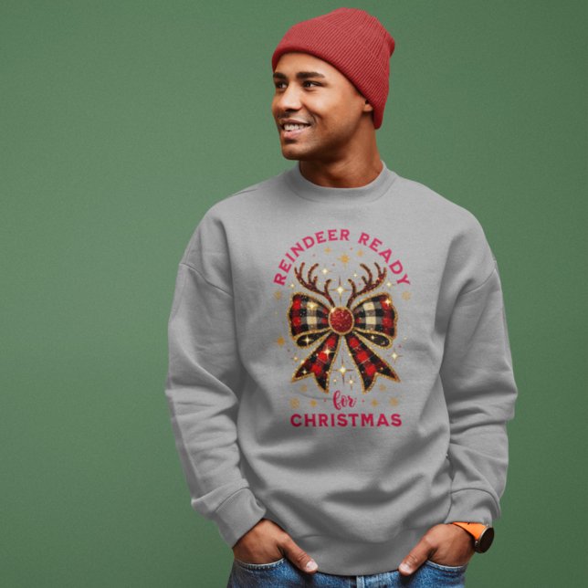 Coquette Christmas Plaid Reindeer Ready Bow Sweatshirt (Creator Uploaded)