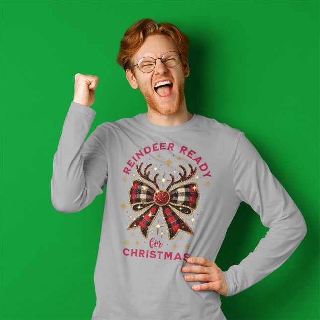 Coquette Christmas Plaid Reindeer Ready Bow T-Shirt (Creator Uploaded)