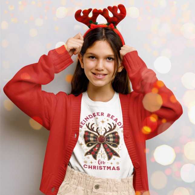 Coquette Christmas Plaid Reindeer Ready Bow T-Shirt (Creator Uploaded)