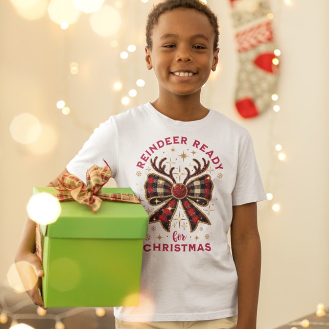 Coquette Christmas Plaid Reindeer Ready Bow T-Shirt (Creator Uploaded)