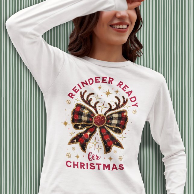 Coquette Christmas Plaid Reindeer Ready Bow T-Shirt (Creator Uploaded)