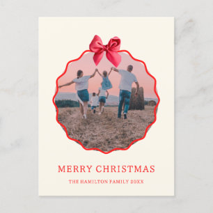Coquette Christmas Red Bow Wavy Photo Holiday Postcard
