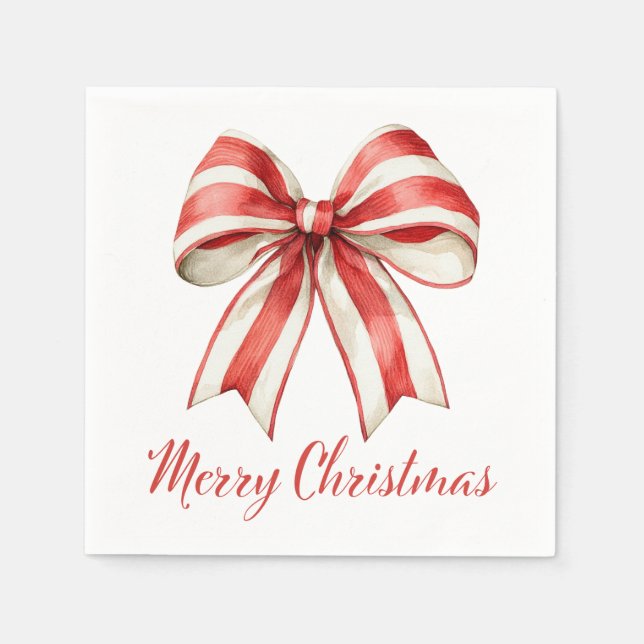 Coquette Christmas Red & White Candy Cane Bow Napkin (Front)
