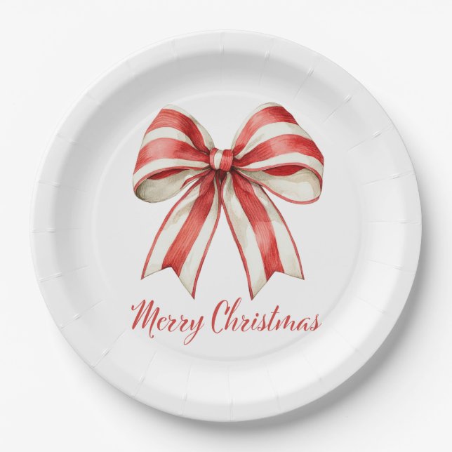 Coquette Christmas Red White Candy Cane Stripe Bow Paper Plate (Front)