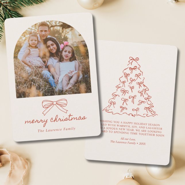 Coquette Christmas Tree Doodle Red Bow Photo Holiday Card (elegant photo christmas cards)
