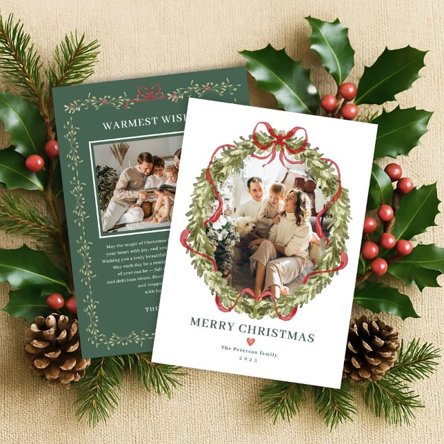 Coquette Christmas Wreath Red Bow Family Photo Holiday Card (Creator Uploaded)