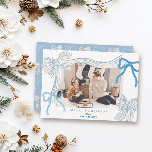 Coquette-Core Pale Blue Bows Photo Christmas Holiday Card