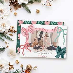 Coquette-Core Red & Green Bows Christmas Photo Holiday Card