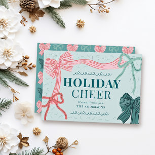 Coquette-Core Red & Green Bows Green Christmas Holiday Card