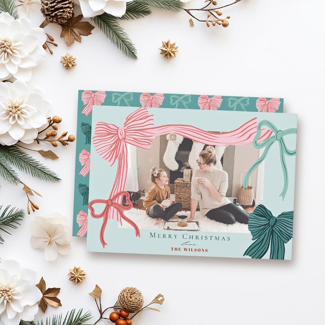 Coquette-Core Red Green Bows Green Christmas Photo Holiday Card (Creator Uploaded)