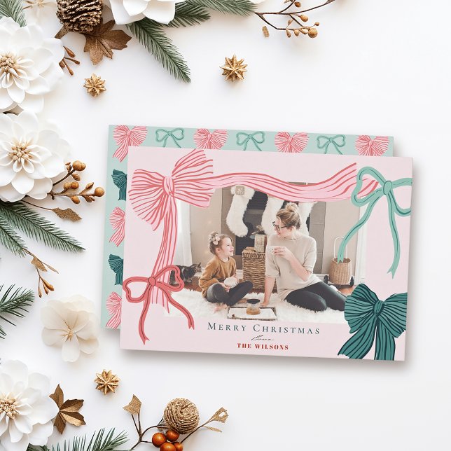 Coquette-Core Red Green Bows Pink Christmas Photo Holiday Card (Creator Uploaded)