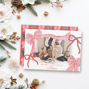 Coquette-Core Red & Pink Bows Photo Christmas Holiday Card