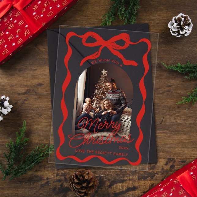 Coquette Curvy Ribbon & Bow Retro Christmas Photo Acrylic Invitations (Creator Uploaded)
