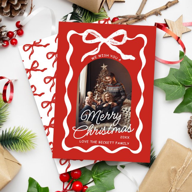 Coquette Curvy Ribbon & Bow Retro Christmas Photo Holiday Card (Creator Uploaded)