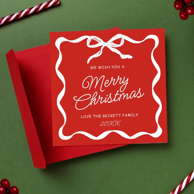 Coquette Curvy Ribbon & Bow Retro Merry Christmas Holiday Card (Creator Uploaded)