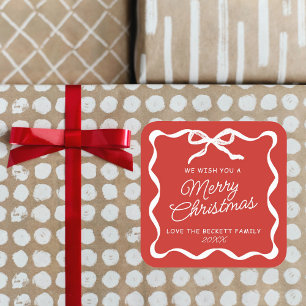 Coquette Curvy Ribbon & Bow Retro Merry Christmas Square Sticker