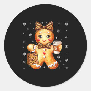 Coquette Cute Gingerbread Leopard Bow Christmas Gi Classic Round Sticker