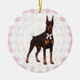 Coquette Doberman Pinscher Pink Gingham Bows Ceramic Tree Decoration
