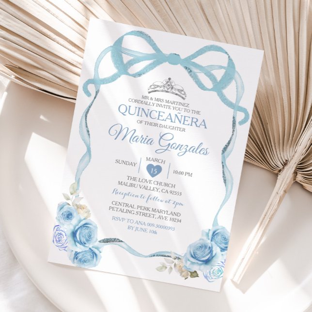 Coquette Dusty Blue Quinceañera Silver Crown  Invitation (Creator Uploaded)
