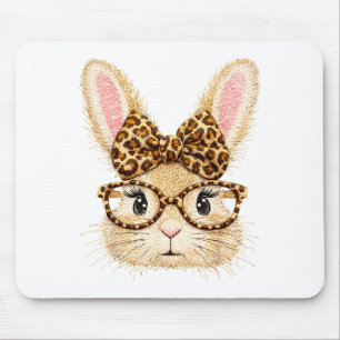 Coquette easter cute bunny with glasses and leopar mouse pad