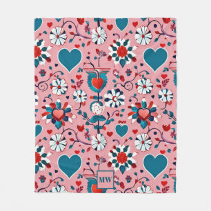 Coquette, floral and heart motif monogram fleece blanket