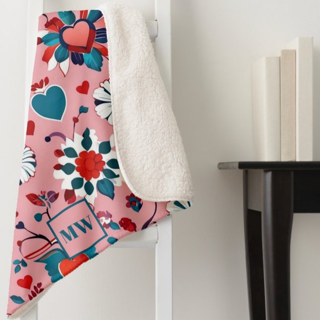 Coquette, floral and heart motif monogram sherpa blanket (Creator Uploaded)