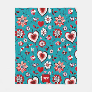 Coquette, floral and heart teal red monogram  fleece blanket