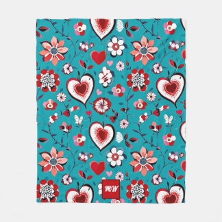 Coquette, floral and heart teal red monogram  fleece blanket
