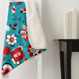 Coquette, floral and heart teal red monogram  sherpa blanket
