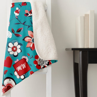 Coquette, floral and heart teal red monogram  sherpa blanket