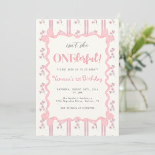 Coquette Floral Pink Bow Girl First Birthday Invitation
