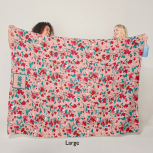 Coquette floral red pink and teal monogram fleece blanket