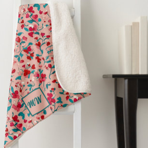 Coquette floral red pink and teal monogram sherpa blanket