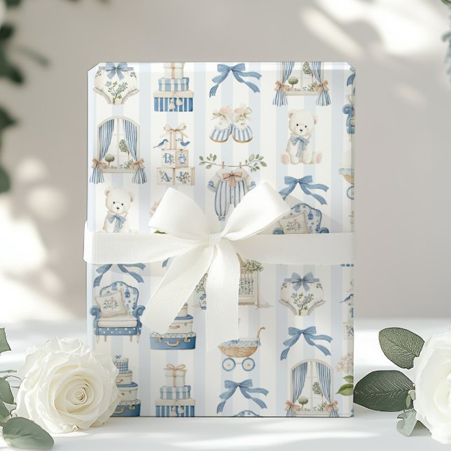 Coquette French Nursery Carriage Baby Shower Blue Wrapping Paper (Creator Uploaded)