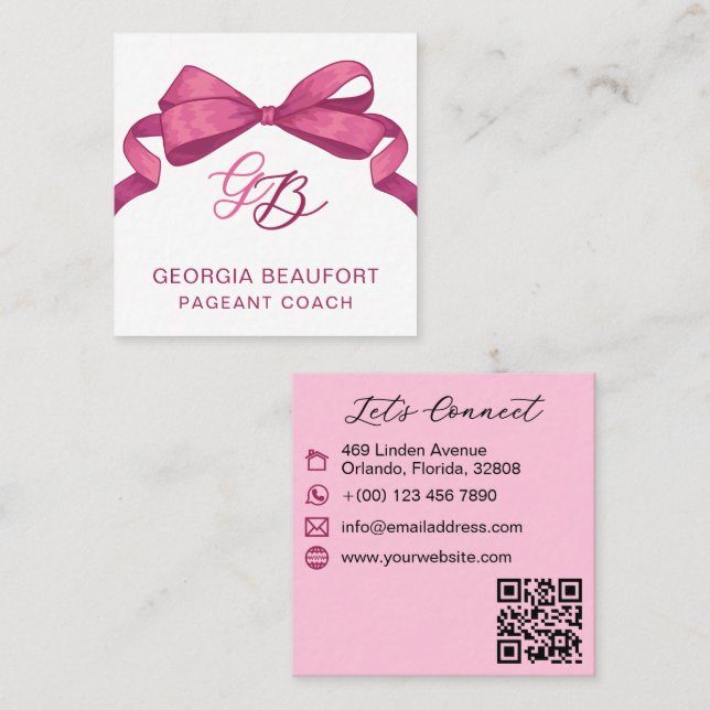 Coquette Fuchsia Bow Monogram Beauty QR Code Square Business Card (Front/Back)