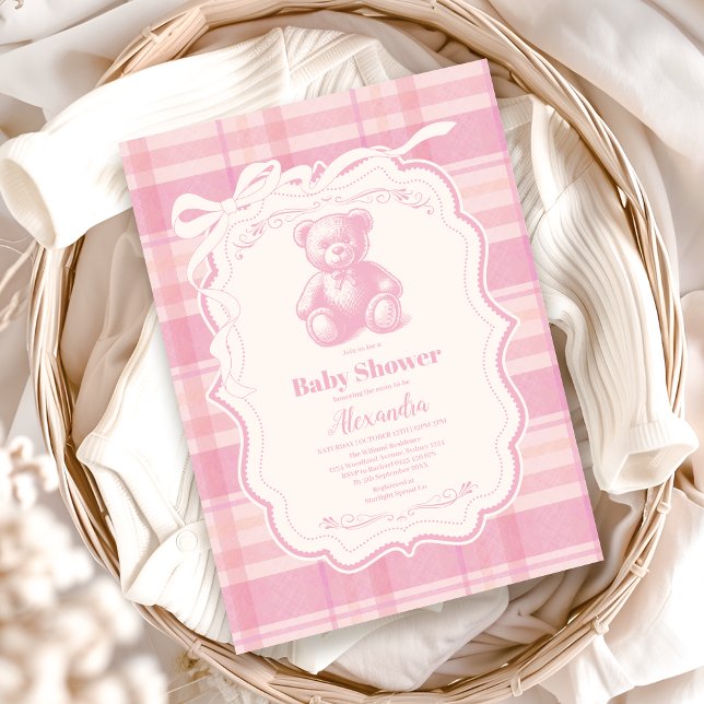 Coquette Gingham French Teddy Bear Baby Shower Invitation (Creator Uploaded)