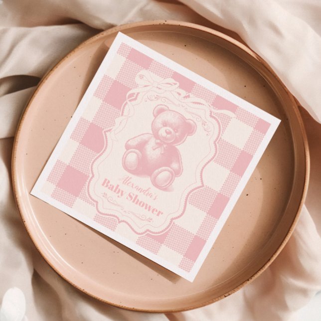 Coquette Gingham French Teddy Bear Baby Shower Napkin (Creator Uploaded)