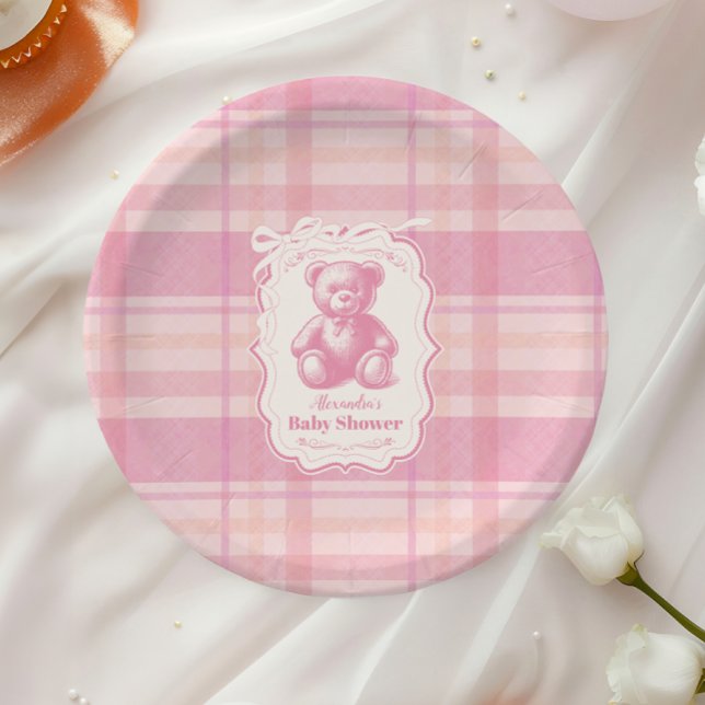 Coquette Gingham French Teddy Bear Baby Shower Paper Plate (Creator Uploaded)
