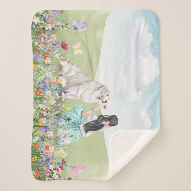 Coquette Girl and Dog Spring Meadow Sherpa Blanket (Front)