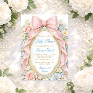 Coquette Girly Pink Bow Floral Baby Shower Invitation