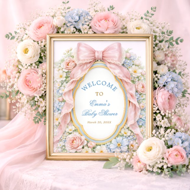 Coquette Girly Pink Bow Floral Baby Shower Welcome Poster (Creator Uploaded)