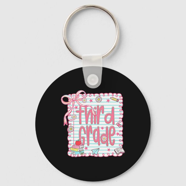 Coquette Girly Pink Bow Third Grade Teacher Back T Key Ring (Front)